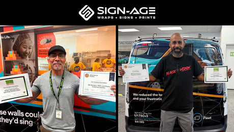 Composite image of Ovi (left) and Ed (right) displaying their 3M installation certificates from Geek Wraps.