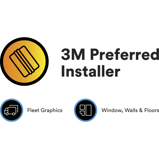 Icons with text '3M Preferred Installer,' 'Fleet Graphics' and 'Window, Walls & Floors'