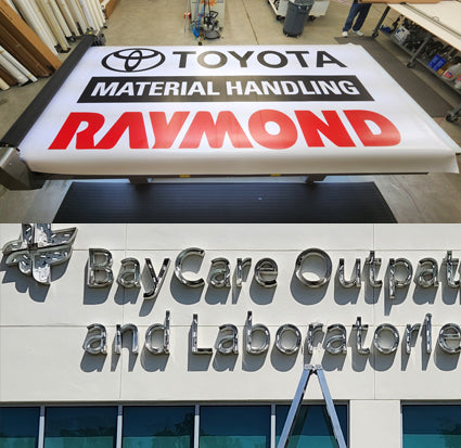 Two image gride of the face replacement of a pan face sign that reads 'Toyota Material Handling, Raymond,' and repair of a channel letter sign that reads 'BayCare Outpatient and Laboratories,' with logo.