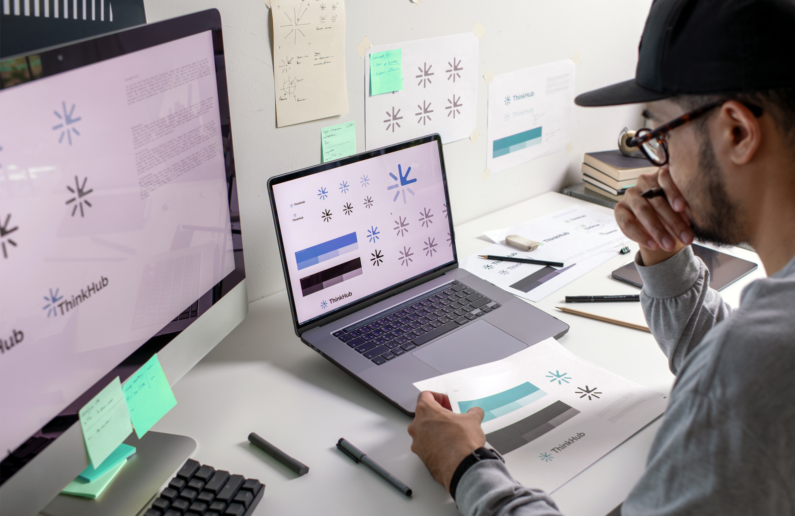 Graphic designer comparing prints to artwork on his laptop