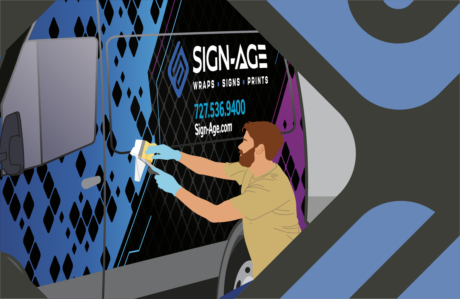 An illustration of a sign installer applying vehicle graphics to a van.