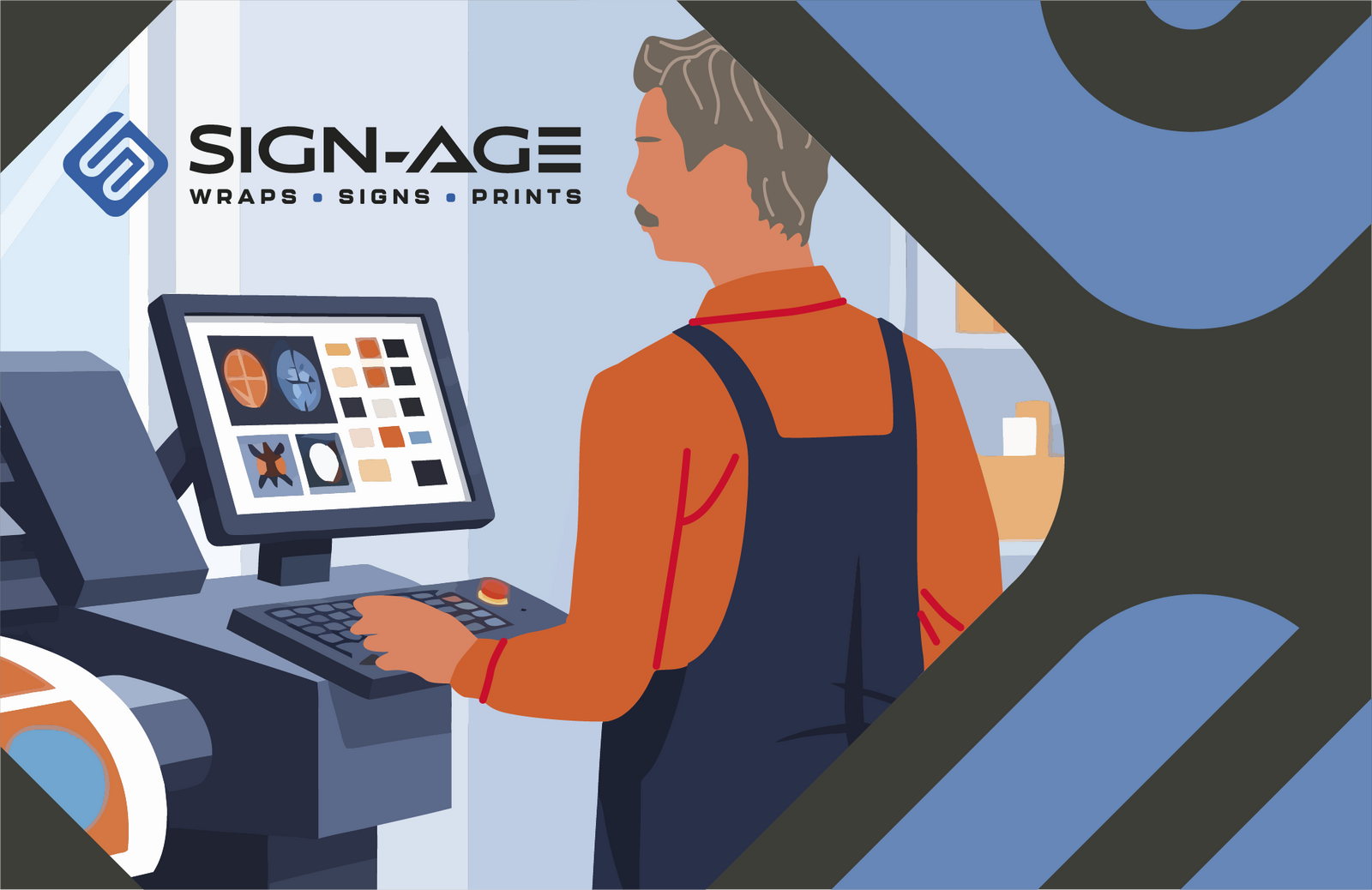 A flat illustration of a man working at a large format printer, with the Sign-Age logo in the background.