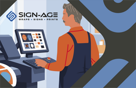 A flat illustration of a man working at a large format printer, with the Sign-Age logo in the background.