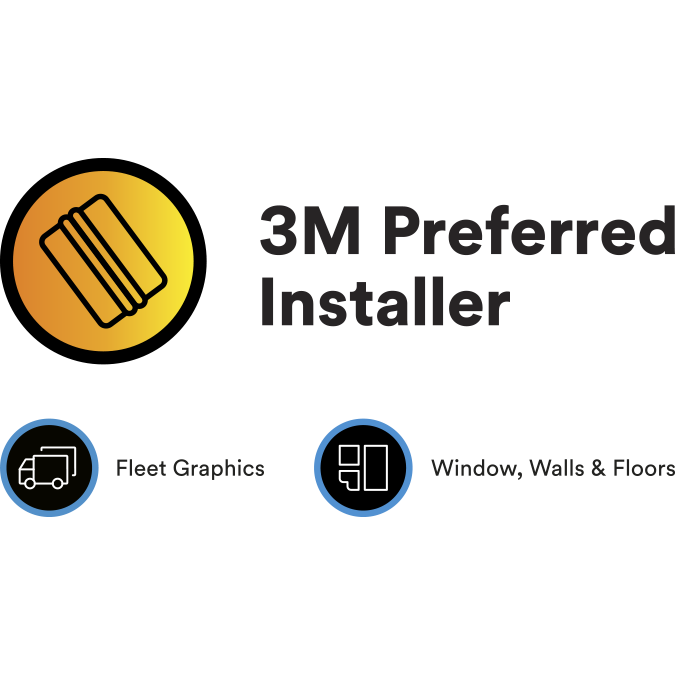 Icons with text '3M Preferred Installer,' 'Fleet Graphics' and 'Window, Walls & Floors'
