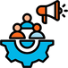 Icon of a gear with people and a megaphone, symbolizing teamwork and communication.