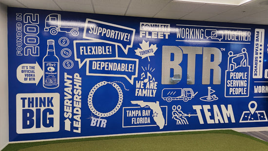 Wall mural with various text and graphics on a blue background
