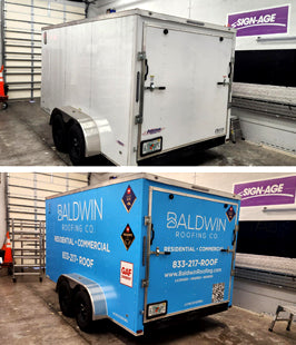 Before and after views of a cargo trailer, top shows plain white trailer, and bottom shows full wrap design with 'Baldwin Roofing' branding on a light blue background.