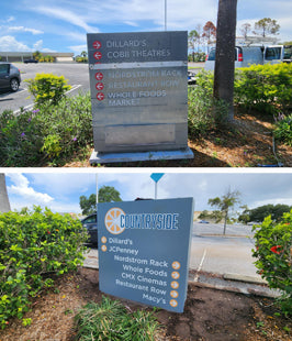Before and after photos of  signs for Dillards and Cobb Theatres, with old sign on top and new sign on bottom.