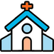 Icon of a church with a blue roof and orange cross on top.