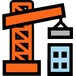 Illustration of a crane lowering a beam to a building with a blue window.