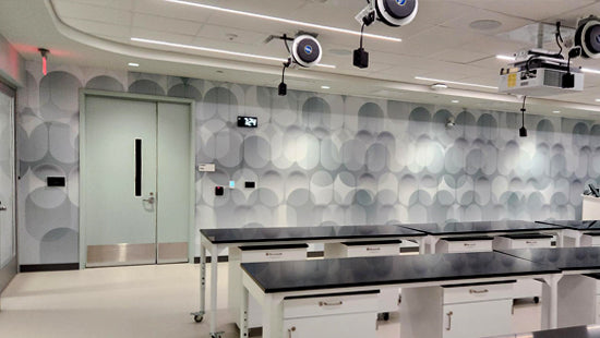 Modern laboratory with geometric design on wall mural and stainless-steel counters.