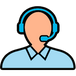Icon of a person wearing a headset with a light blue shirt on a white background