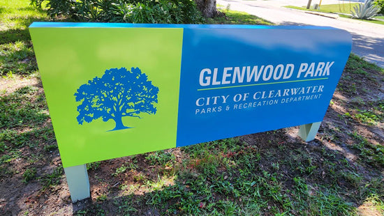 Glenwood Park post and panel sign with a tree icon in Glenwood Park, City of Clearwater.