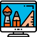 Icon of a computer screen with colorful graphic design tools on a blue background