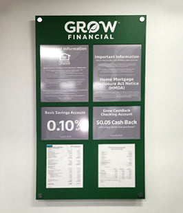 Grow Financial promotional poster with financial information on a green acrylic background
