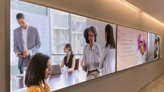 Large horizontal prints in acrylic frames in an office corridor