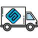 Icon of a delivery truck with a blue logo on a white background