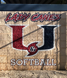 Decorative outdoor wall mural with 'Lady Canes Softball' text and logo on a limestone wall.