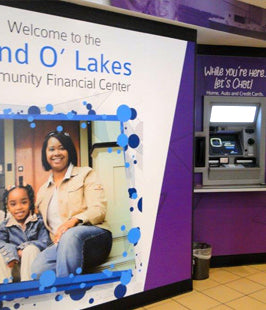 'Land O' Lakes Community Financial Center' Wall mural with an imiage of a woman and child.