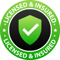 Green and black logo with the text 'Licensed and Insured' and a check mark