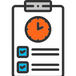 Icon of a clipboard with a clock and checkboxes on a white background