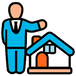 Icon of a person in a suit standing next to a house
