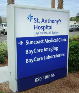 Illuminated Flex Face outdoor sign for St. Anthony's Hospital with directions to other facilities.