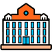 Illustration of a university building with an orange roof and blue windows.