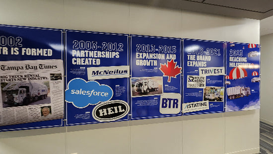 Set of posters on a wall showing a company's history and expansion