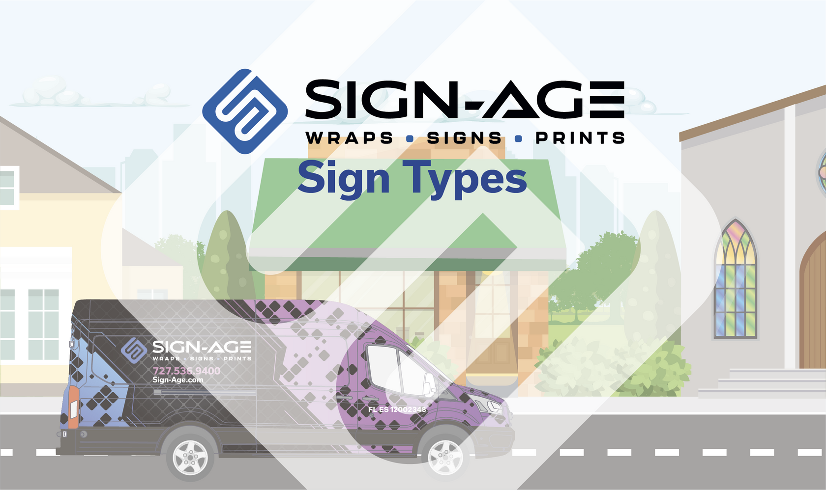 An illustrated promotional graphic for Sign-Age showing a branded van with wrap design, a printed sign, and a sign print sample over a stylized street scene. Large text reads 'SIGN-AGE', 'WRAPS • SIGNS • PRINTS', and 'Sign Types'.