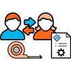 Illustration of two people with arrows between them, a roll of tape, and a document with a logo on a white background.