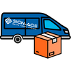 Blue van with 'SIGN-AGE' branding next to an orange box on a white background