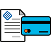 Icon of a document and a blue credit card with a Mastercard logo on a white background