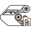 Illustration of a roll of paper with a bottle of printing ink icon on a white background