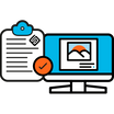Icon of a computer monitor with a document and cloud icon on a white background