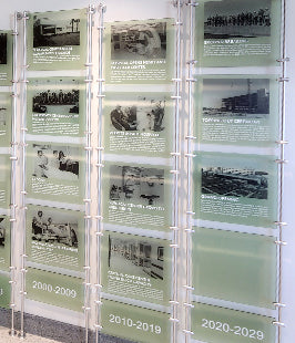 Glass panels with historical photographs and text on a wall