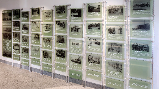 Wall display with historical photos and text in acylic panels