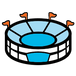 Icon of a sports arena with a blue field and orange flags