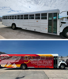 Before and after views of Tampa Prep school bus. Top is a plain white bus, and bottom is the same bus with a colorful vehicle wrap in red and orange.