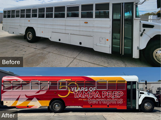 Before and after comparison of a school bus with a new vehicle wrap design on the side.