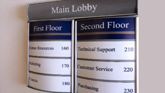Vista Systems directory sign for Main Lobby with floor and department information.