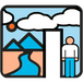 Icon of a person standing in front of a wall mural with mountains and a sun in the background